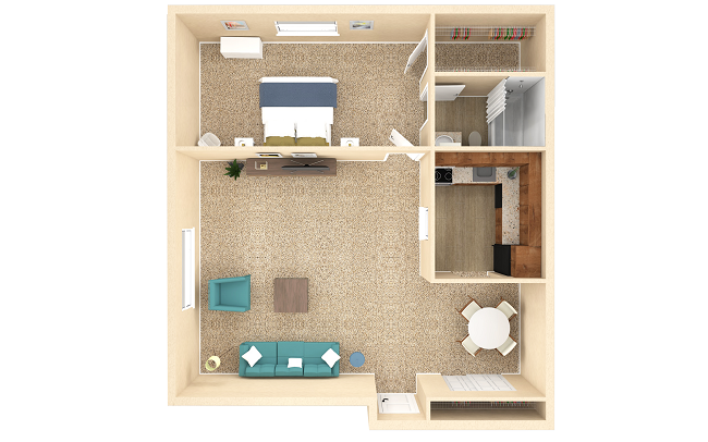 Floor plan for 1 bed, 1 bath, 740 sqft